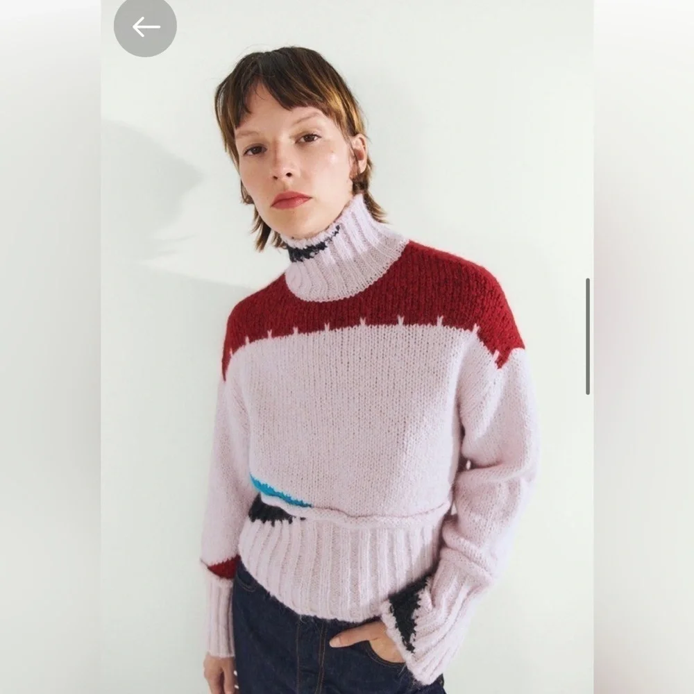 ZARA COLOR BLOCK WOOL BLEND KNIT SWEATER PINK - Picture 5 of 8